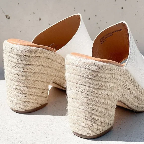 NEW White Faux Leather Espadrille Chunky Platform Wedge Slip On Slides Sandals - Picture 11 of 15